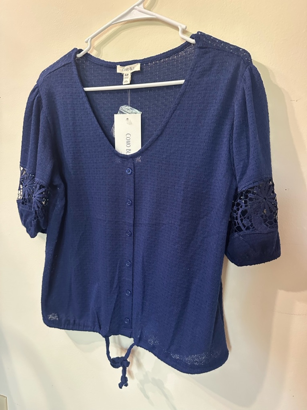 NWT Como Blu Navy Button-Front Boho Blouse with Crochet Lace Sleeves